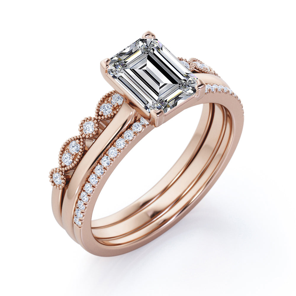 Art Deco Filigree Milgrain - 2 Carat Cubic Zirconia Emerald Cut - 4 Prong Pave Setting - Solitaire Engagement Ring - Trio Wedding Set - 18K White Gold Plating over Silver