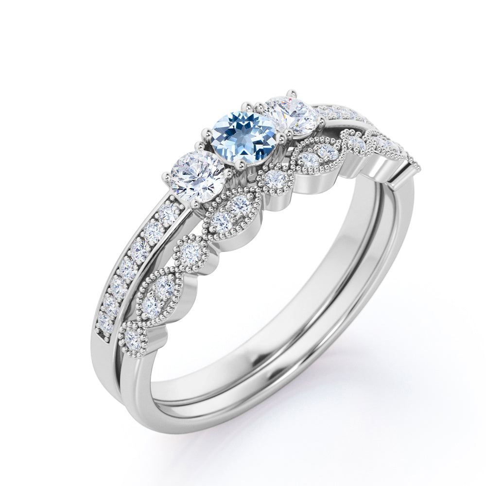 1.15 Carat Round Cut Aquamarine And Diamond Leaf Art Deco Wedding Ring Set In White Gold