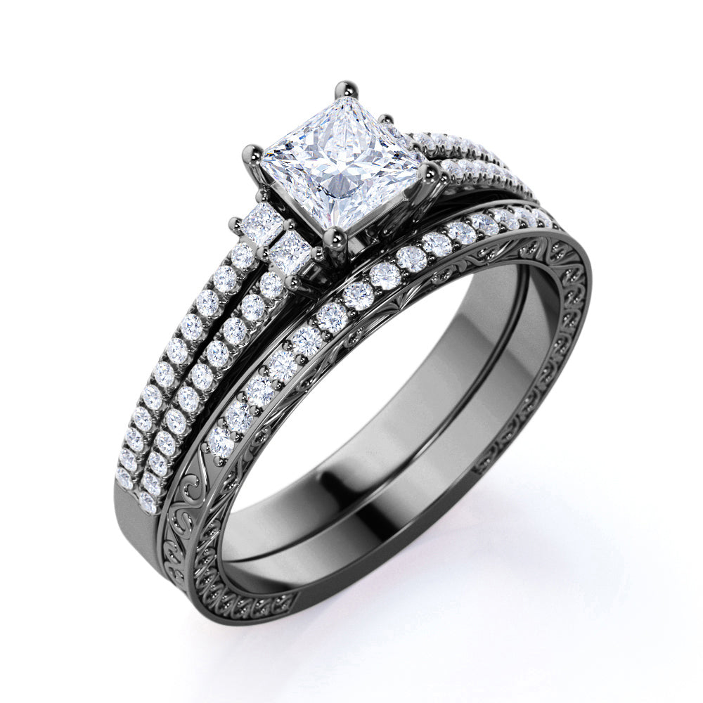 Stunning 1.25 ct - Princess Cut Moissanite - Pave - Vintage - Double Band Engagement Ring - Bridal Set - 18K White Gold over Silver