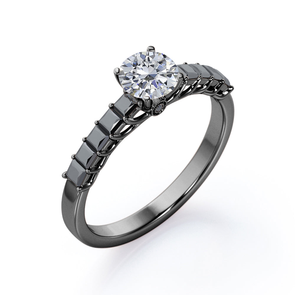 Shared Prong - 1.35 TCW Round Brilliant Cut Moissanite with Lab Created Black Diamond - Milgrain Bezel Engagement Ring in Rose Gold