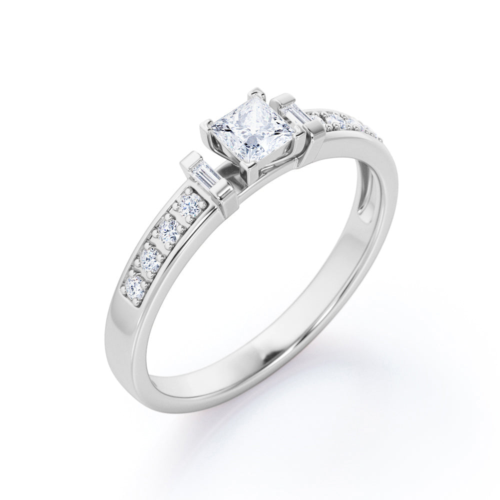 V-Prong 3 Stone 0.35 TCW Princess Cut Diamond Pave-Channel Engagement Ring in White Gold