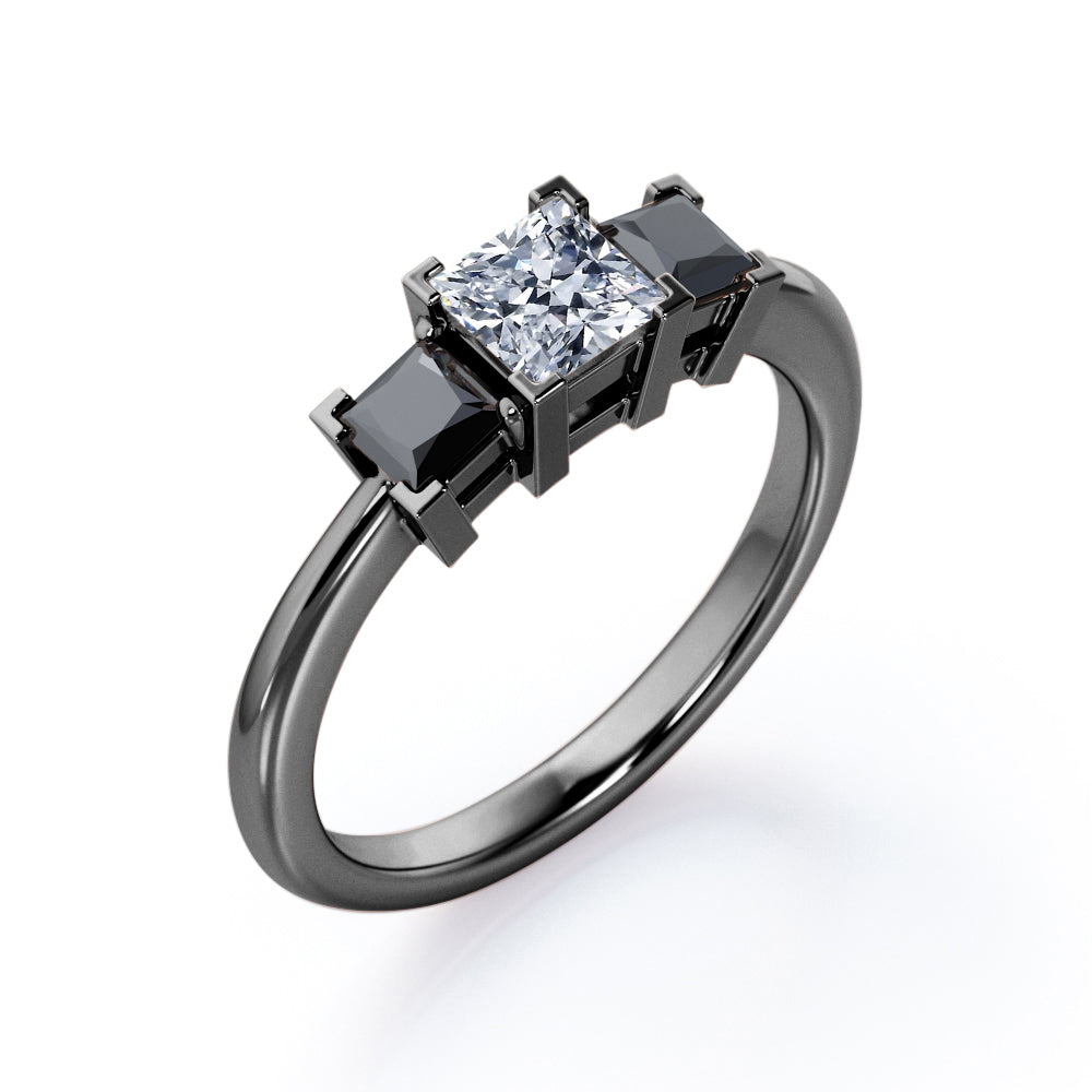 Minimalist Square V-Prong - 1.2 TCW Princess Cut Moissanite with Lab Created Black Diamond - Three-Stone Engagement Ring in Rose Gold