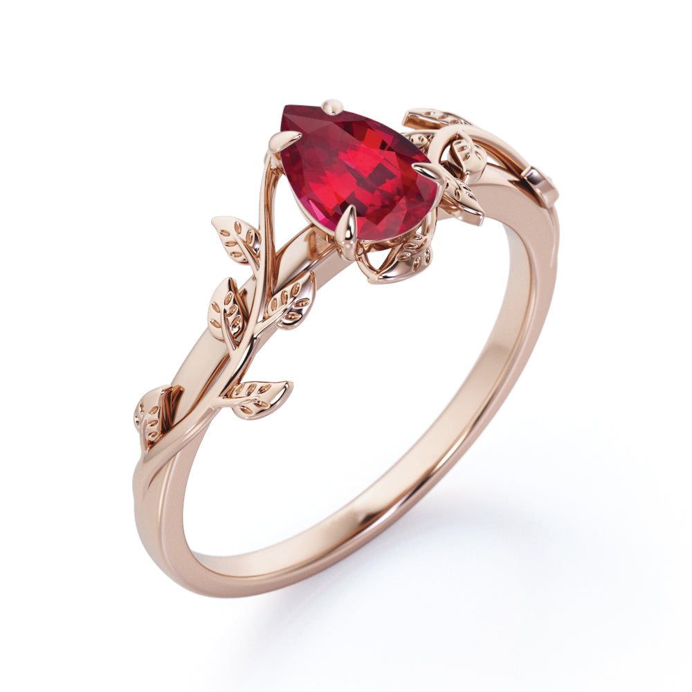 Vintage Vine 1 carat Pear cut Lab-Created Ruby Prong Engagement ring in Rose Gold