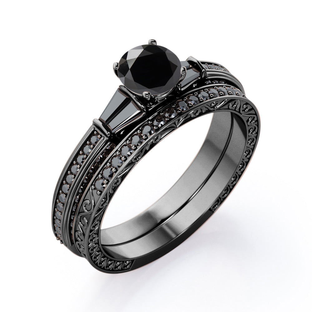 Art Deco 5-Stone 1.55 TCW Round Shape Lab Created Black Diamond Triple Pave-Channel Wedding Set in White Gold