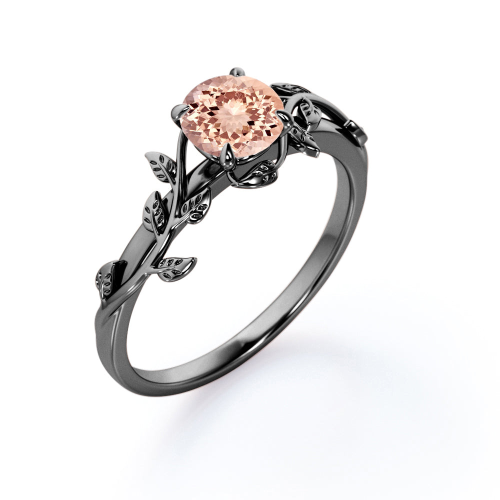 0.50 Carat Round Lab Created Morganite - Leafy Design - Solitaire Engagement Ring - 18K White Gold Plating over Silver