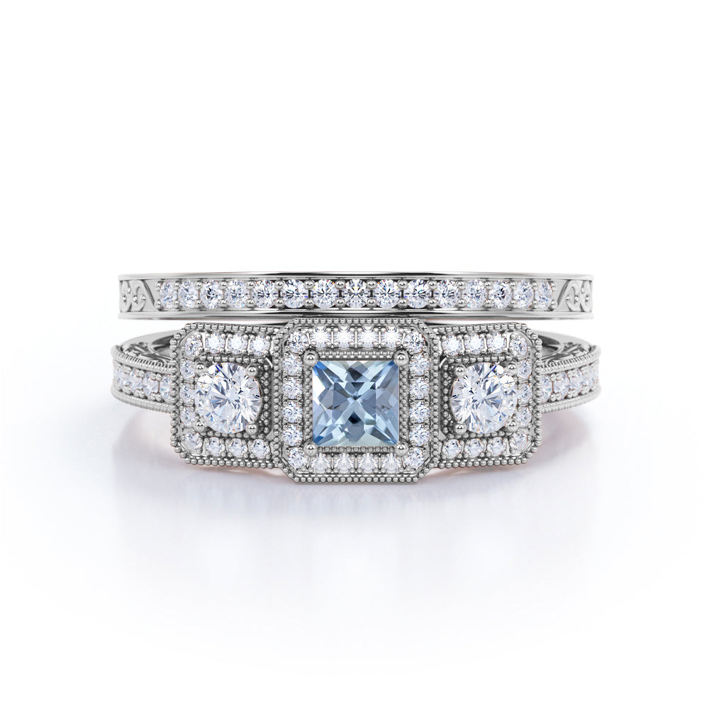 1.65 Carat Princess Cut Aquamarine And Diamond Halo Wedding Ring Set In White Gold