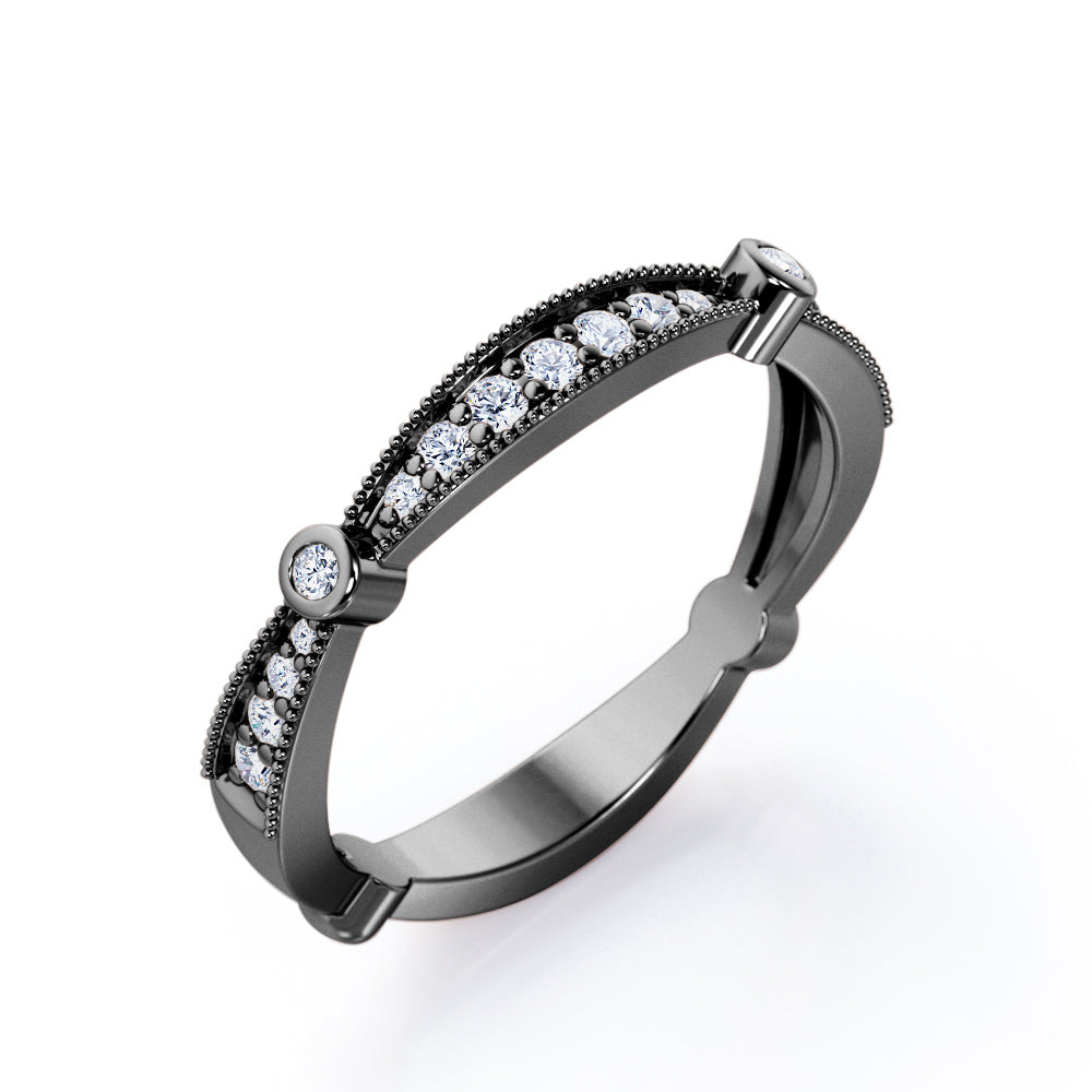 Milgrain Bright-Cut Pave 0.15 TCW Round Brilliant Cut Bezel Stackable Ring in 10K White Gold