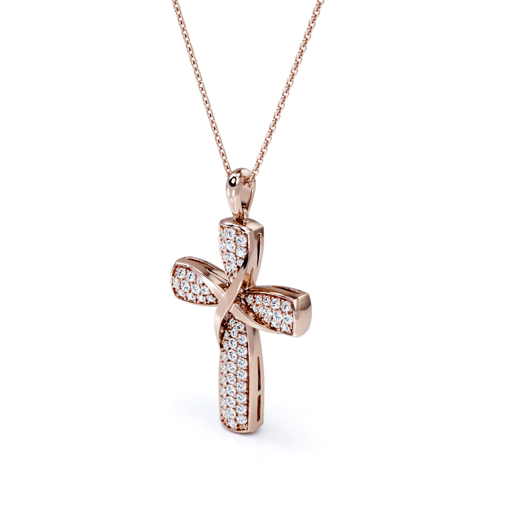 Micro-Pave 0.2 TCW Round Shaped Moissanite Twisted Crucifix Pendant Necklace in 18K White Gold Plating over Silver