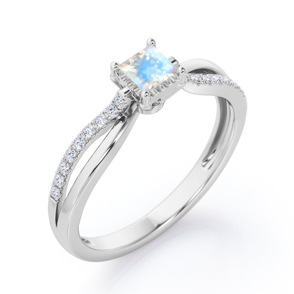 Twisted and Split Pinched Shank 0.65 carat Princess Moonstone and Moissanites Elegant Engagement Ring in White Gold