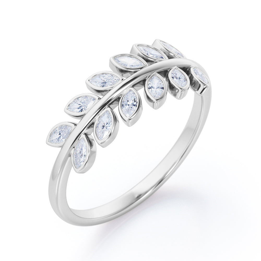 Inspired by Nature - 0.25 TCW Marquise Shaped Moissanite - Olive Leaf Stackable Ring - Black Gold