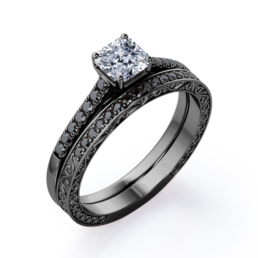 Lattice 0.5 TCW Princess Cut Diamond with Lab Created Black Diamond 4-Prong Pave Bridal Set in 10K White Gold