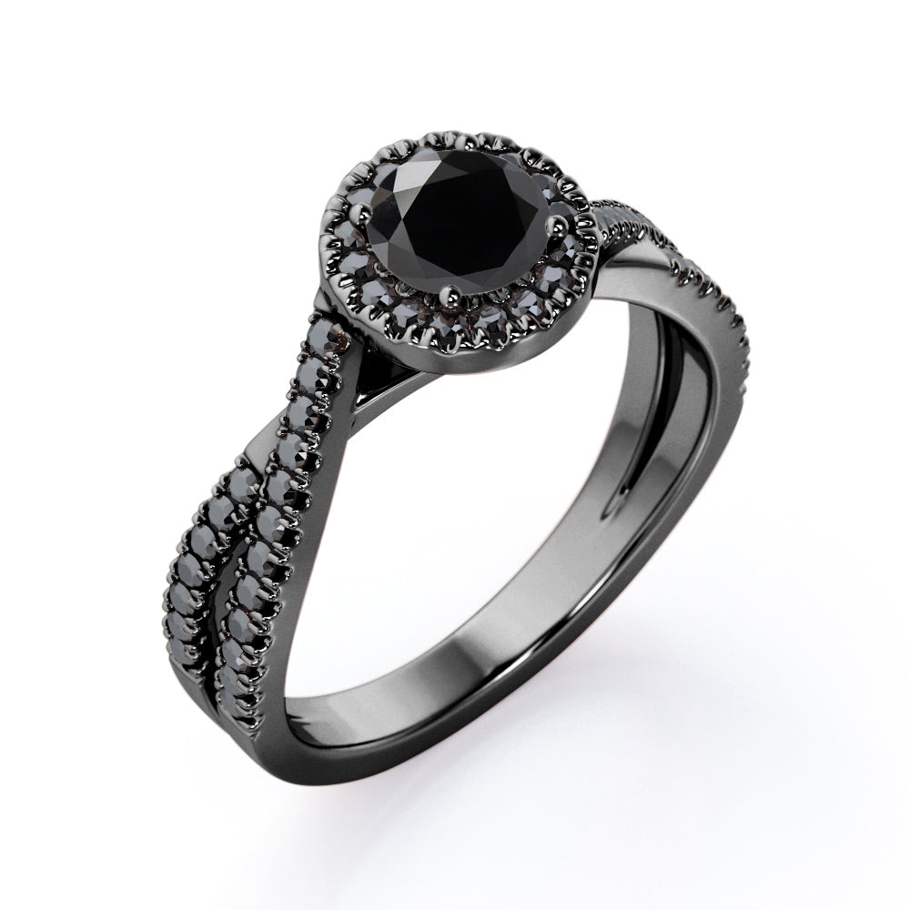 Milgrain Halo - 1.4 TCW Round Cut Lab Created Black Diamond - Infinity Double Strand Engagement Ring in White Gold