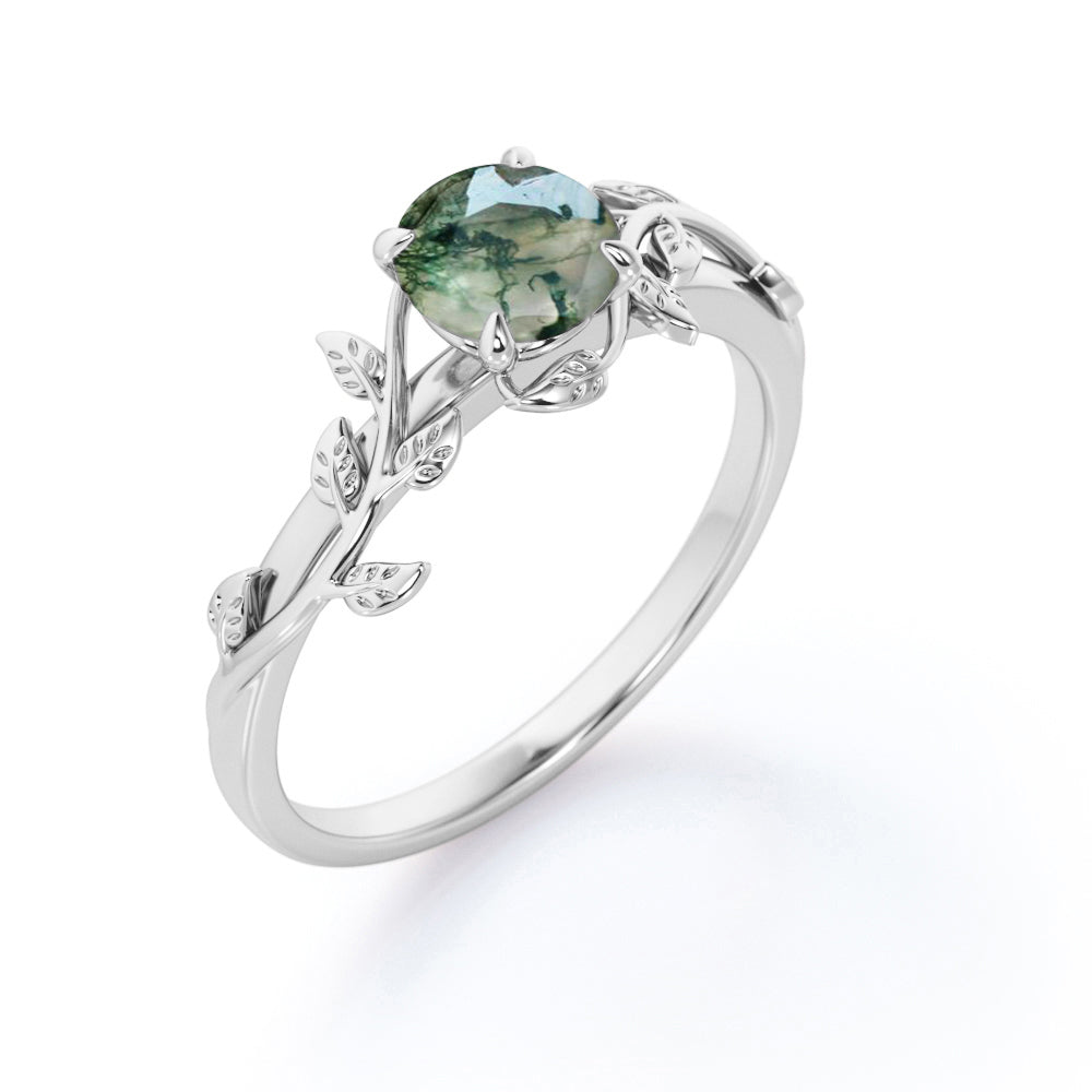 0.50 Carat 4 Prong Round Cut Opaque White Druzy Mossy Green Agate Branch Leaf Design One-Stone Engagement Ring In 18K Rose Gold Plating Over Silver