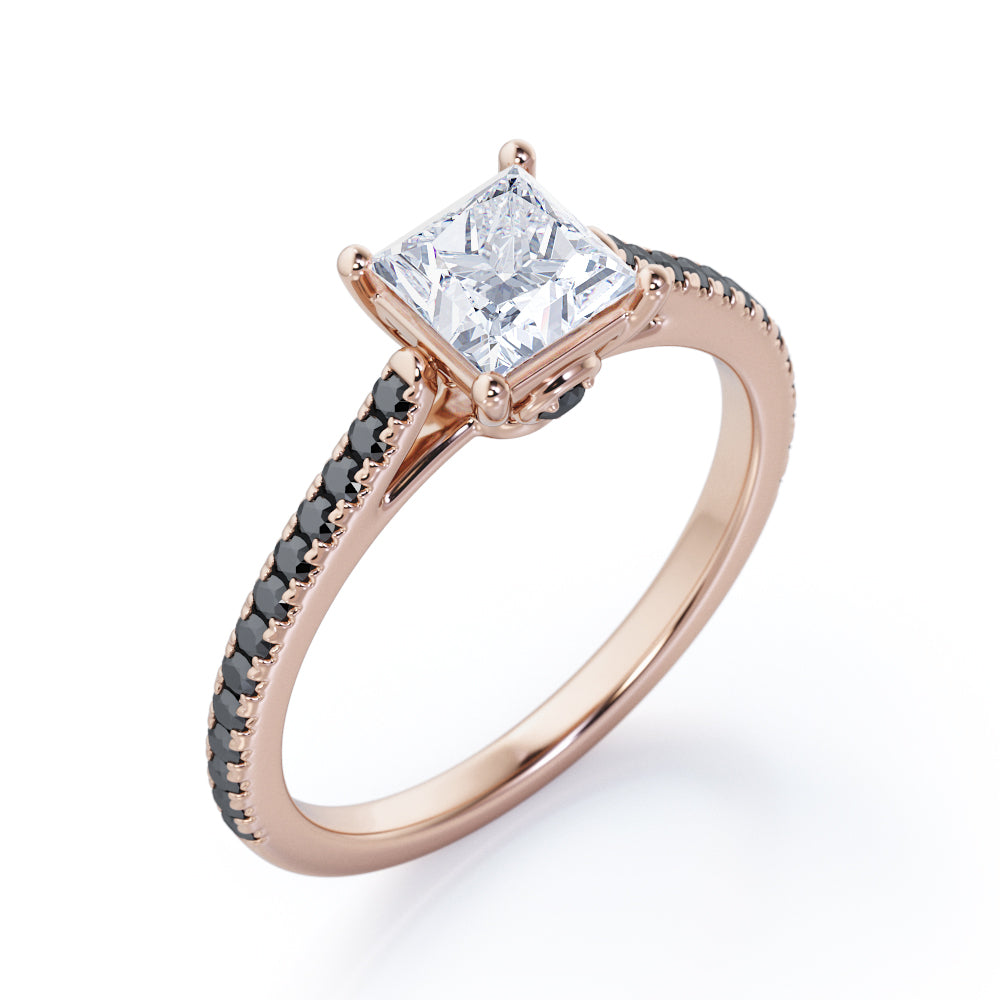 1.25 TCW Princess Cut Moissanite with Lab Created Black Diamond - Pave Setting - Prong Engagement Ring in Rose Gold