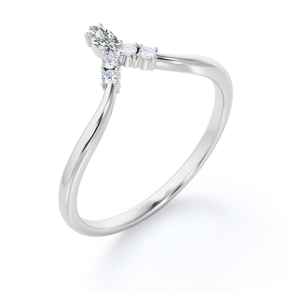 Delicate 0.10 TCW Marquise and Round Diamond V-Curved Five Stone Cluster Wedding Band in White Gold