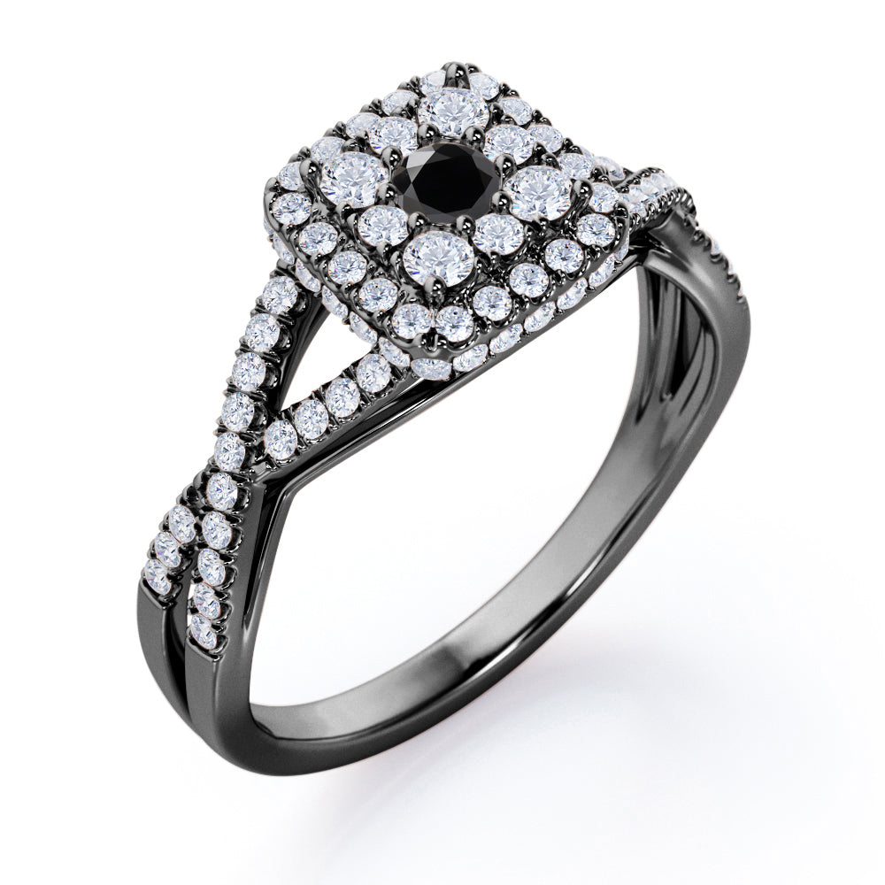 Pave Crossover - 1.25 Carat Round Cut Black Diamond - Flush Cluster Halo Engagement Ring in White Gold