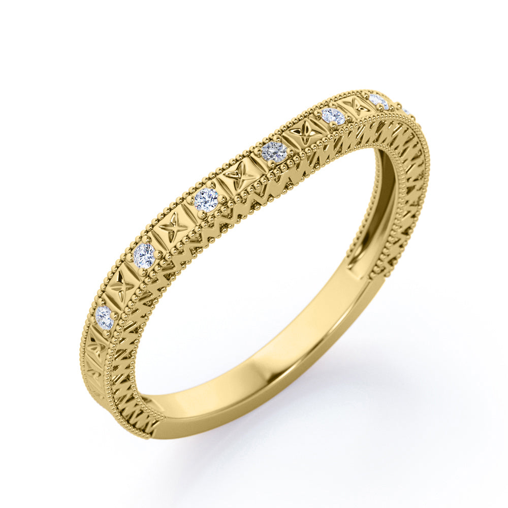 Milgrain Bordered Filigree 0.10 TCW Round Cut Moissanite XO Design Wedding Band in Yellow Gold