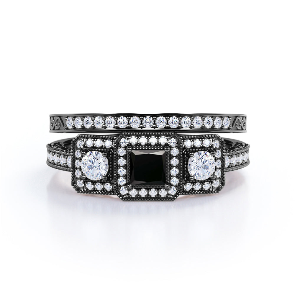 1.25 carat princess cut Black Diamond three stone trilogy wedding ring set in white gold