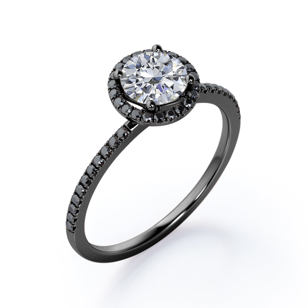 4-Prong Halo 1.5 TCW Round Shape Moissanite with Lab Created Black Diamond Pave-Style Engagement Ring in White Gold