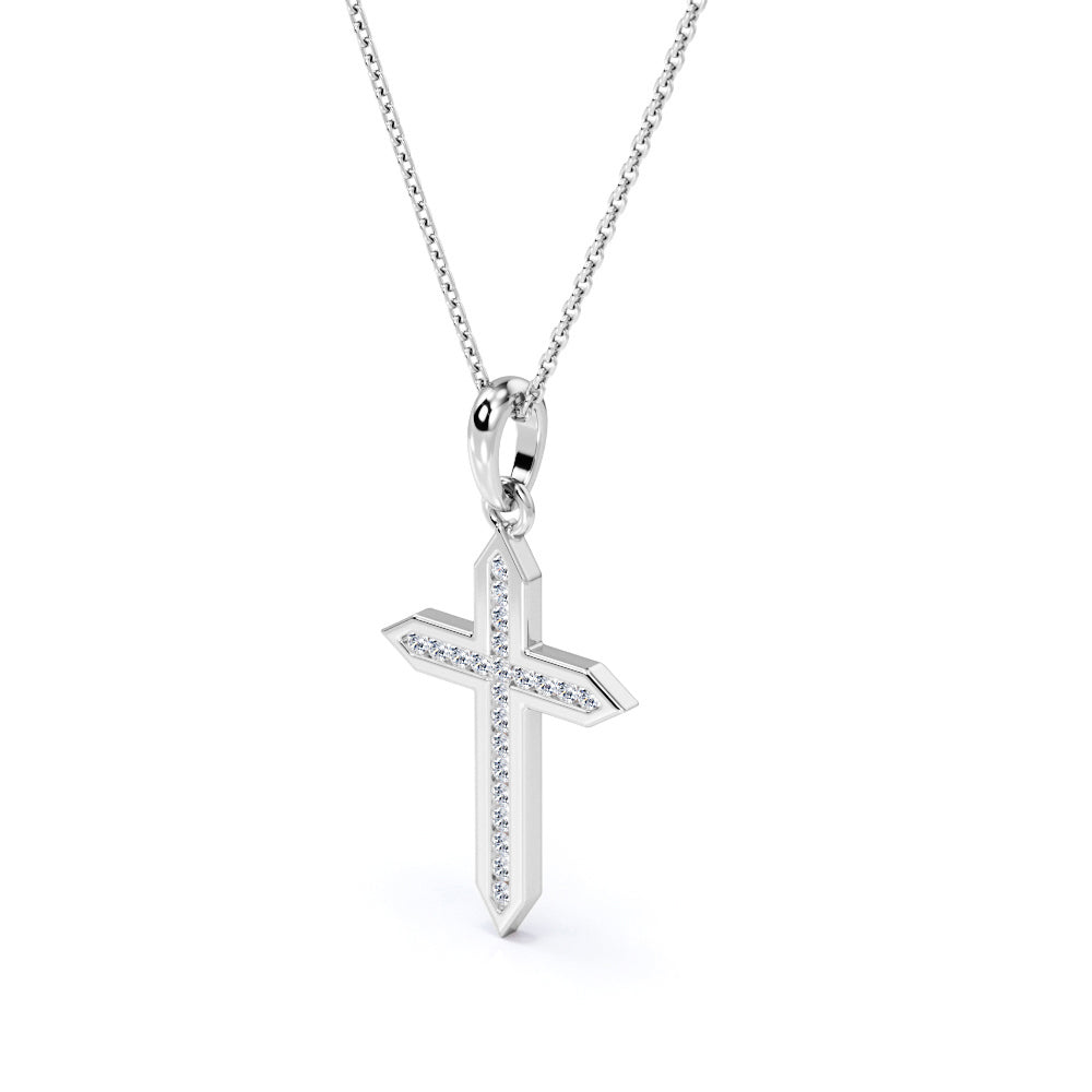 Sword 0.25 TCW Round Shape Moissanite Channel Crucifix Pendant Necklace in 18K White Gold Plating over Silver