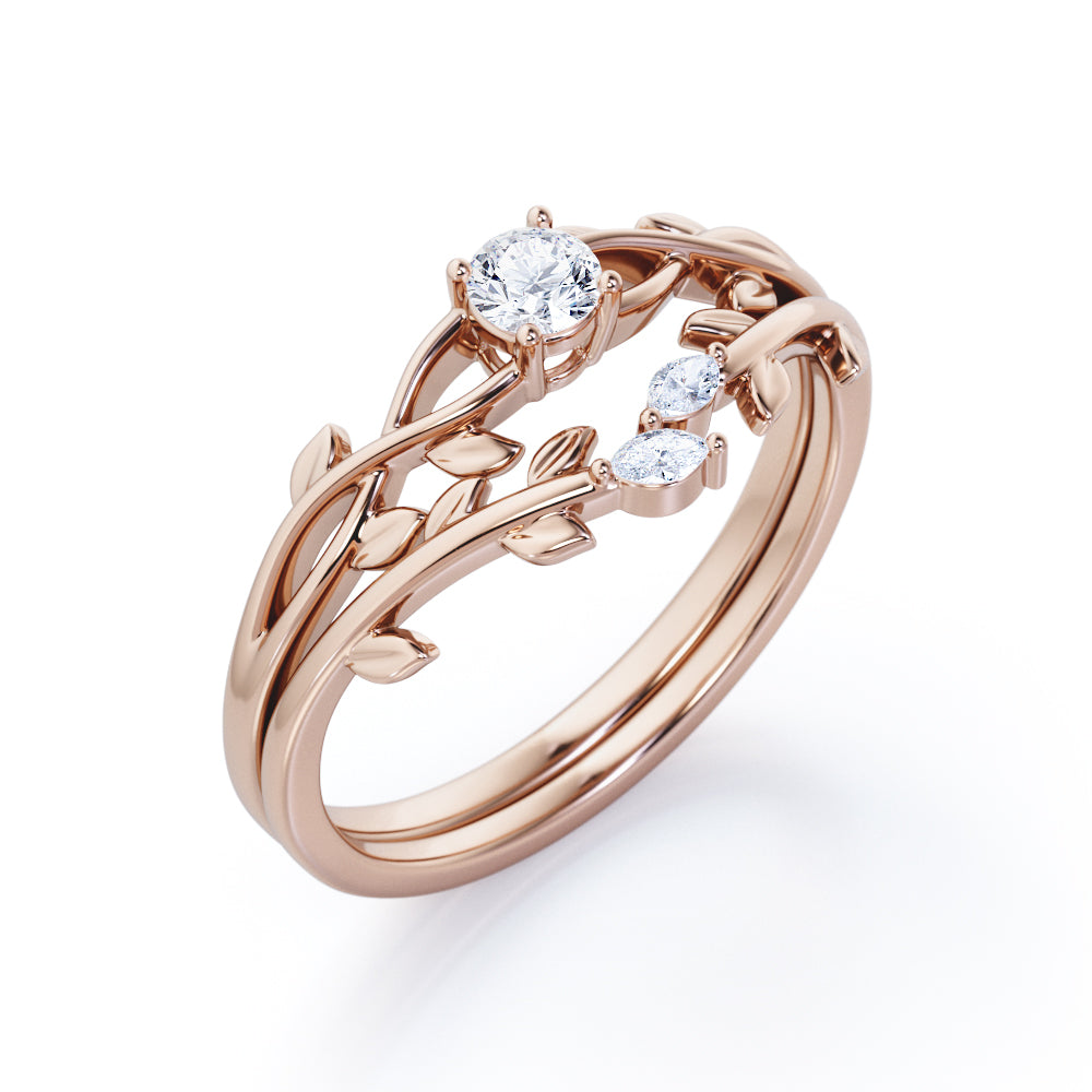 Nature-Inspired 0.35 TCW Round Brilliant Cut Diamond Branch Leaves Bridal Ring Set in White Gold