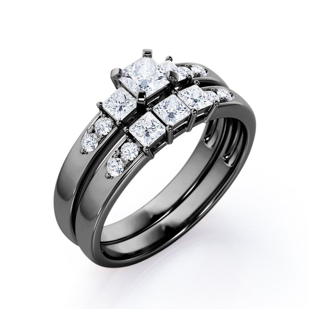 Trilogy Shared-Prong 0.6 TCW Princess Cut Diamond Pave Bridal Ring Set in White Gold