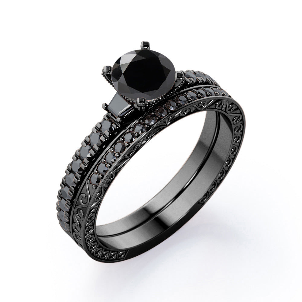 Art Deco Milgrain-Pronged 1.45 TCW Round Brilliant Cut Lab Created Black Diamond Pave Bridal Ring Set in White Gold