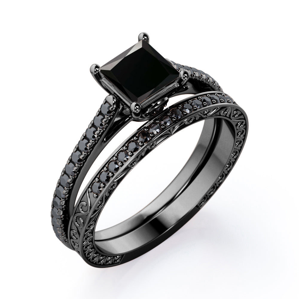 Art Deco Prong 1.5 TCW Princess Cut Lab Created Black Diamond Bridal Set with Pave Accents in White Gold