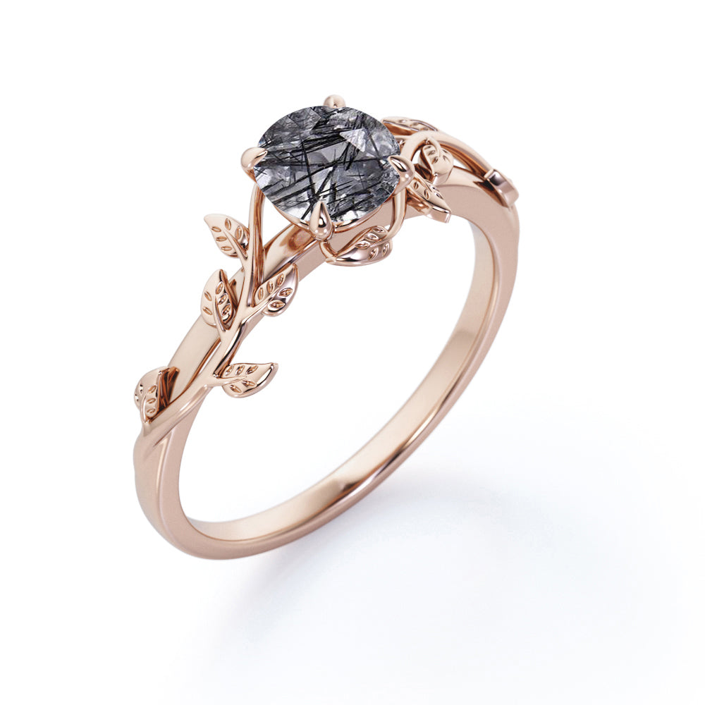 Nature-Inspired 0.50 Carat Round Shaped Natural Black Rutilated Quartz Solitaire Engagement Ring in 18K White Gold Plating over Silver