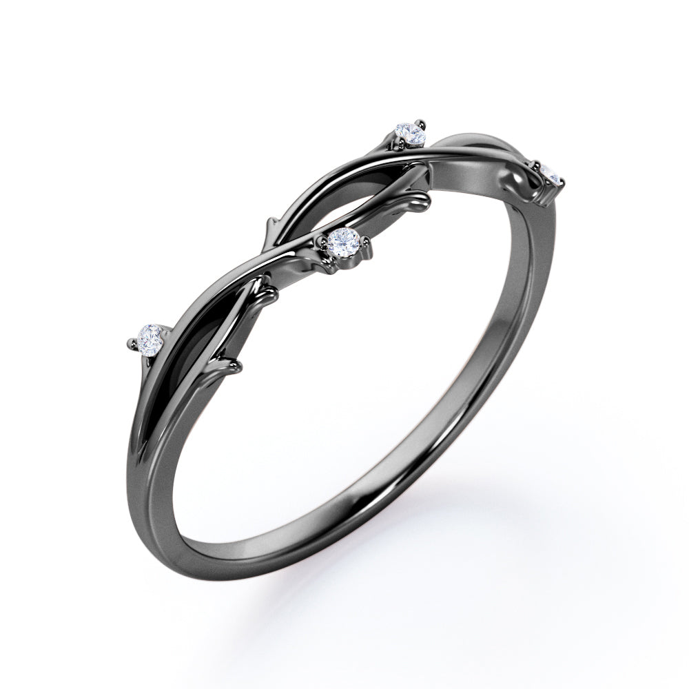 Nature Inspired - 0.10 TCW Round Cut Moissanite- Crossover Twig Stackable Ring - White Gold