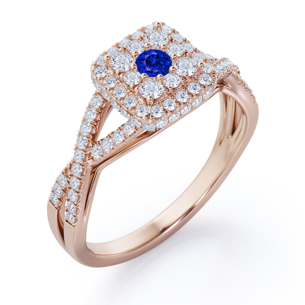 Pave Crossover - 1.25 Carat Round Cut Blue Sapphire and diamond - Flush Cluster Halo Engagement Ring in White Gold