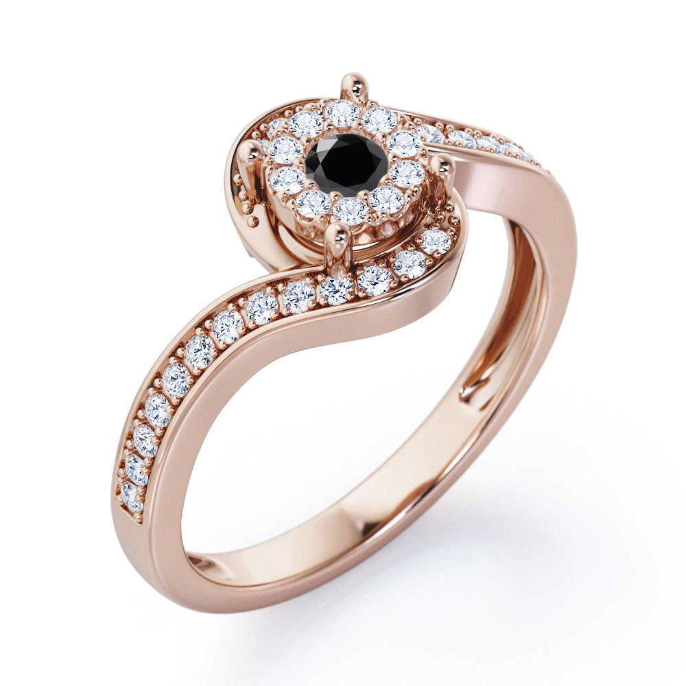 Wrapped Round 0.65 carat Round Black Diamond Bypass Engagement Ring in Rose Gold