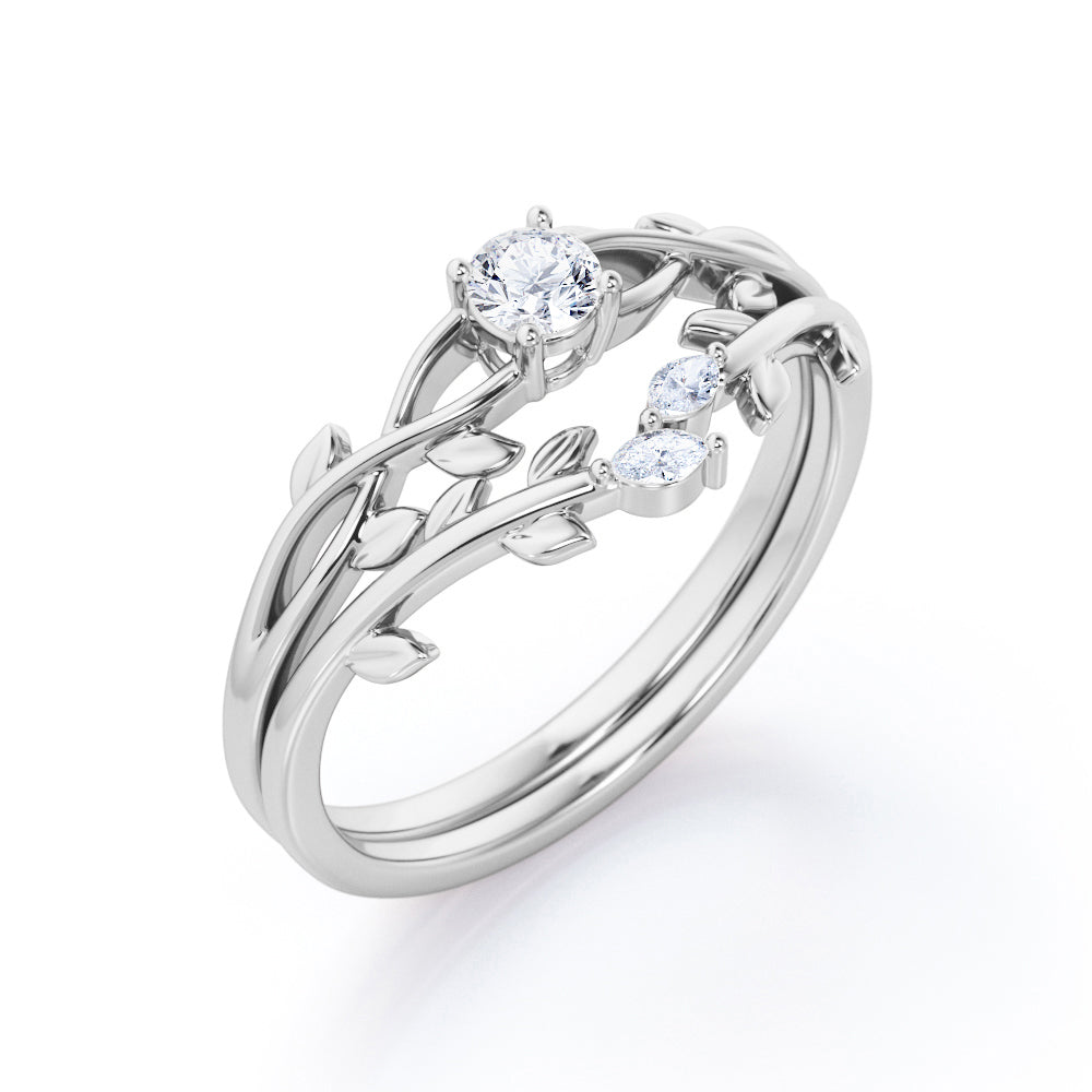 Nature-Inspired 0.35 TCW Round Brilliant Cut Diamond Branch Leaves Bridal Ring Set in White Gold