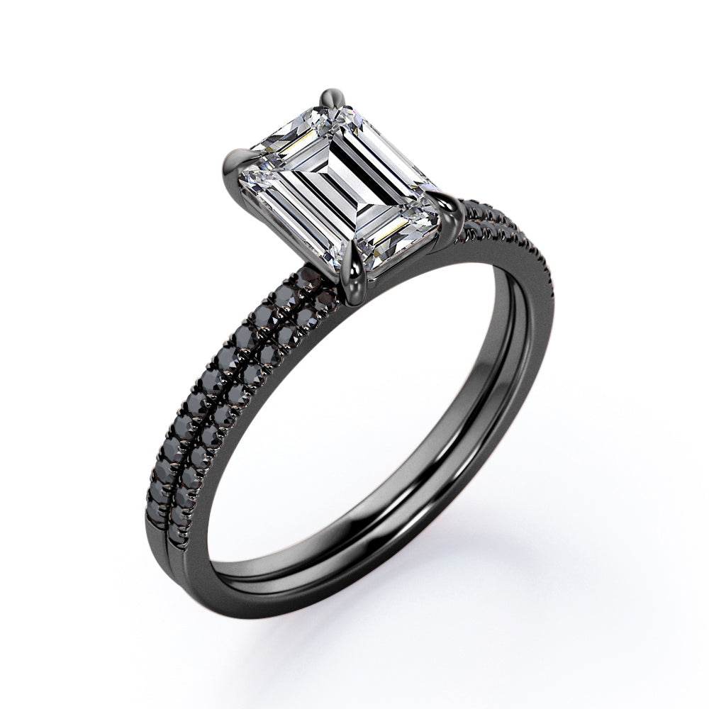 4-Prong Setting 1.65 TCW Emerald Cut Moissanite with Lab Created Black Diamond Wedding Set with Pave Accents in White Gold