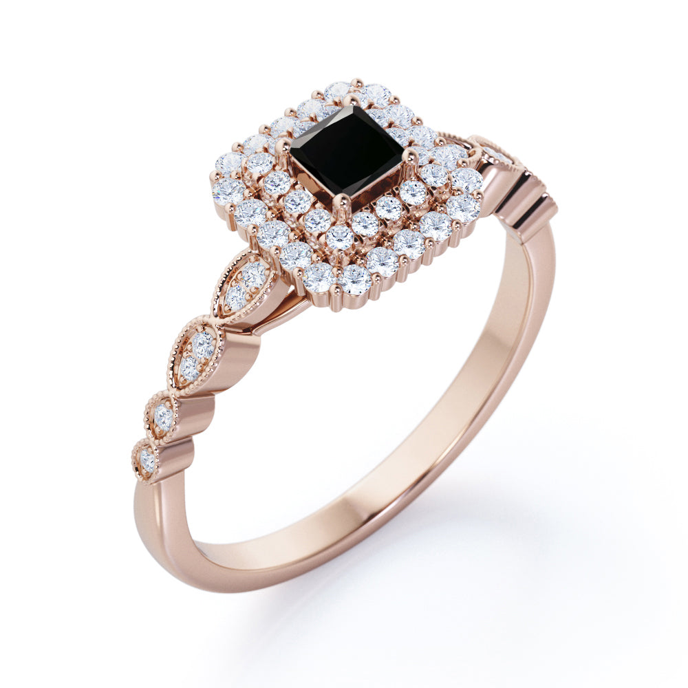 1.5 Carat Princess Cut Lab Grown Black Diamond Double Halo Cluster Engagement Ring In White Gold