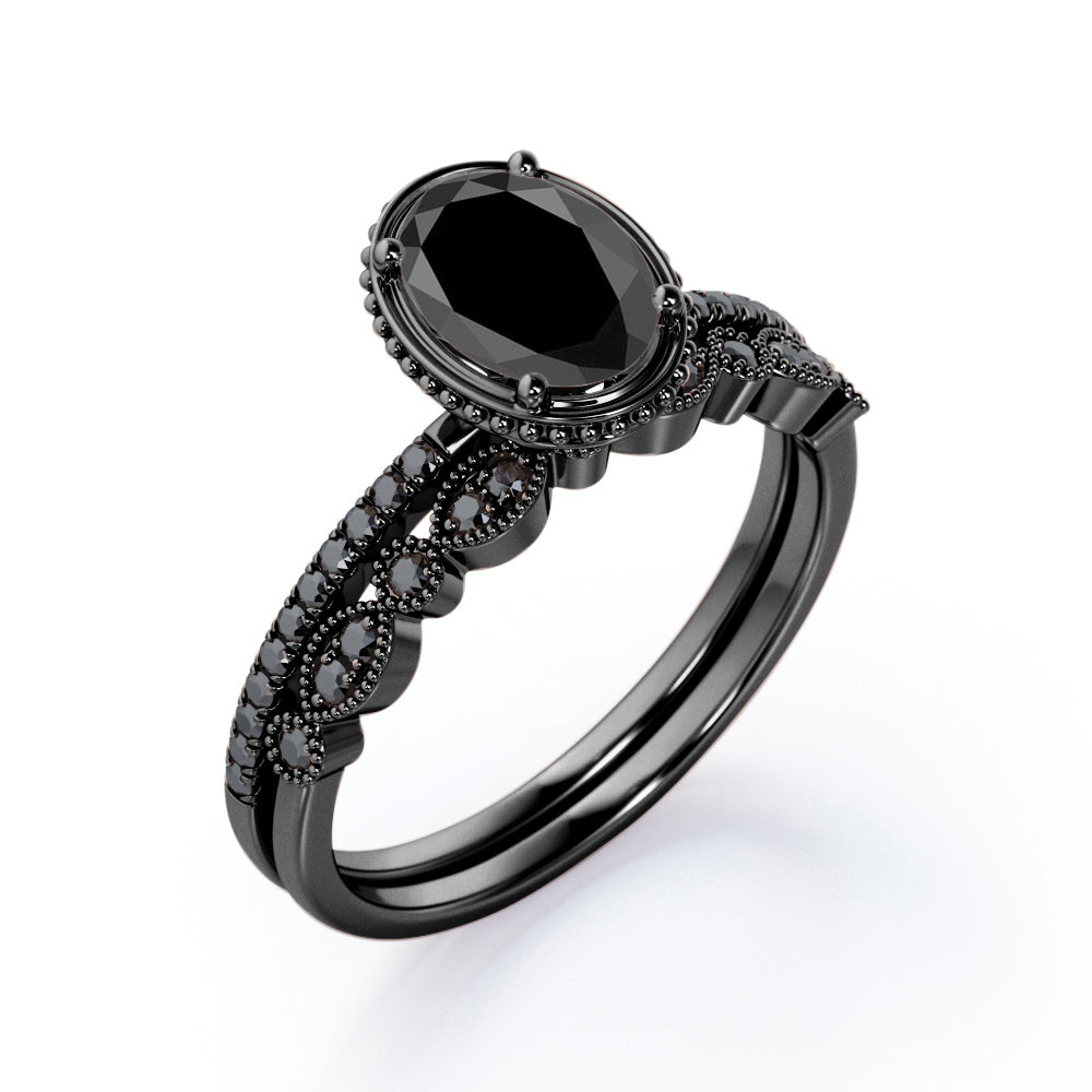 Prong Milgrain Bezel - 1.65 TCW Oval Shaped Lab Created Black Diamond - Pave Filigree Bridal Set in White Gold