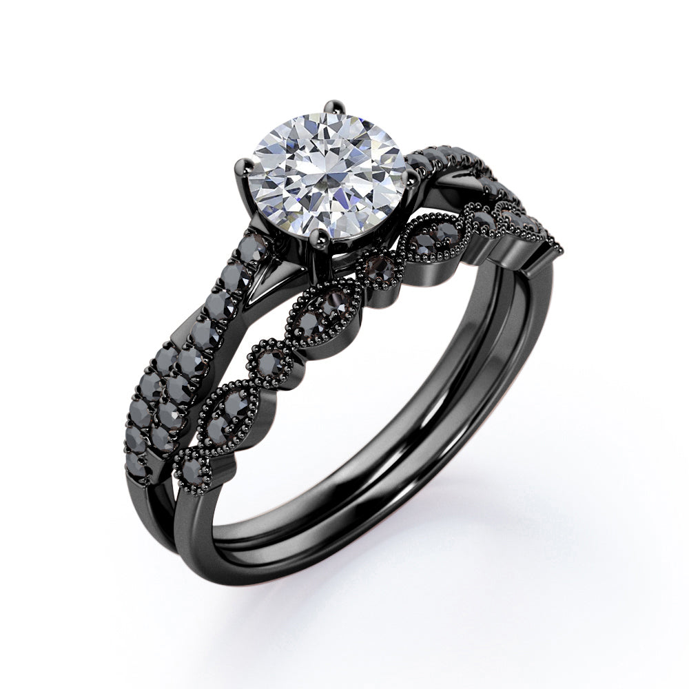 Art Deco Pave Infinity 1.65 TCW Round-Shaped Moissanite with Lab Created Black Diamond Basket Cathedral Wedding Set in White Gold