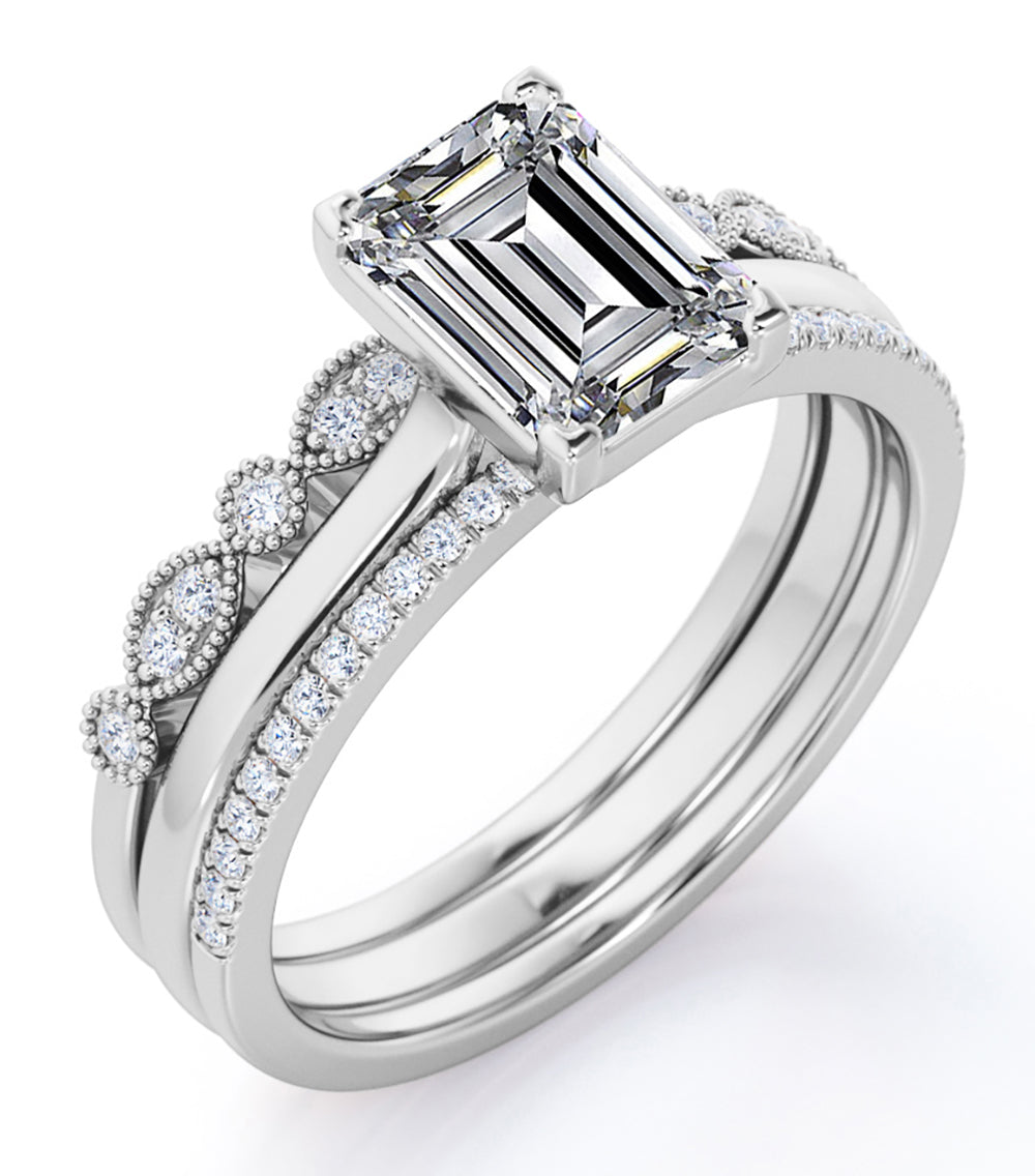 Art Deco Filigree Milgrain - 2 Carat Cubic Zirconia Emerald Cut - 4 Prong Pave Setting - Solitaire Engagement Ring - Trio Wedding Set - 18K White Gold Plating over Silver