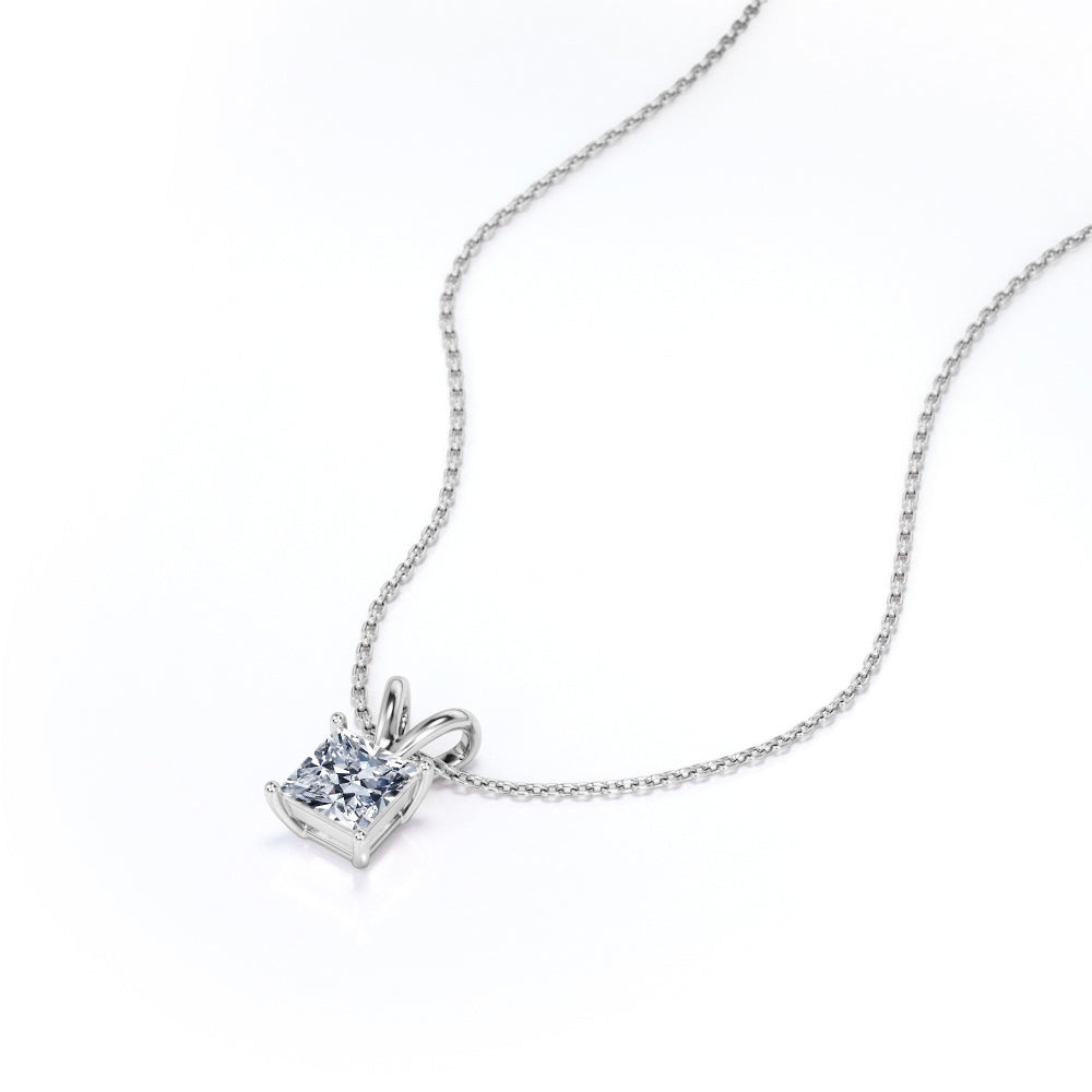 2 Carat Princess Cut Cubic Zirconia Solitaire Pendant Necklace in 18K White Gold over Brass