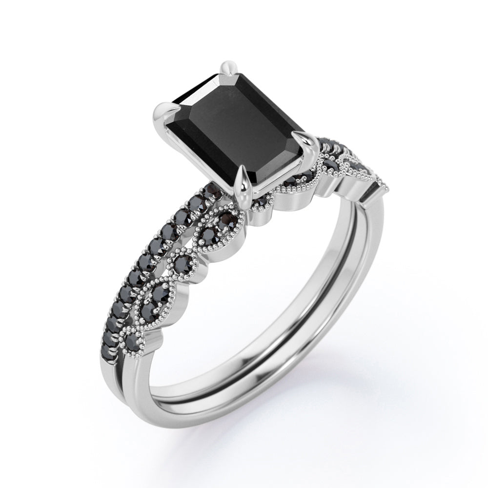 Milgrain Filigree - 1.55 TCW Emerald Cut Lab Created Black Diamond - Pave Accented Bridal Ring Set in White Gold