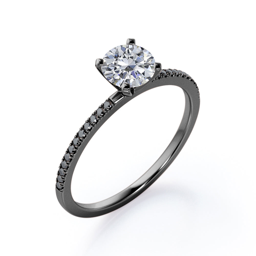 Perfect 4-Prong 1 TCW Round-Shaped Moissanite with Lab Created Black Diamond Pave-Accented Engagement Ring in Rose Gold