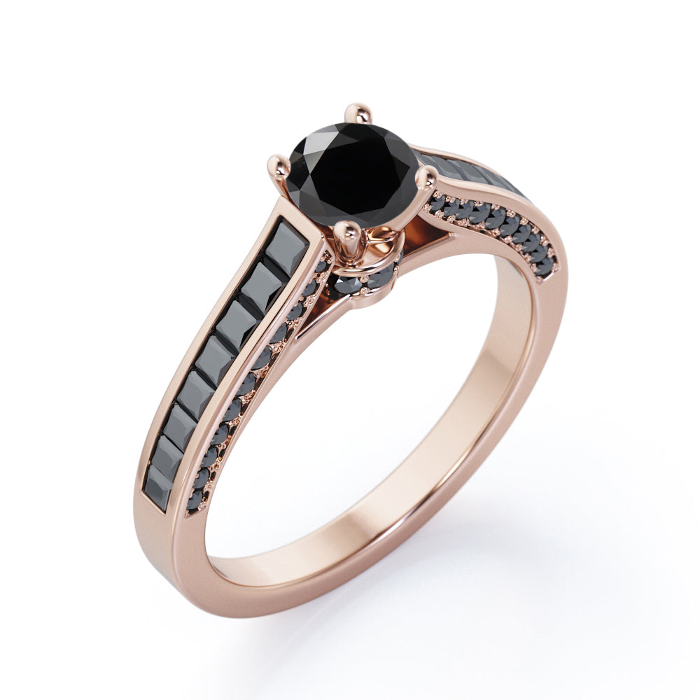 1.4 TCW Round Shape Lab Created Black Diamond - Pave and Channel - Cathedral Engagement Ring in White Gold