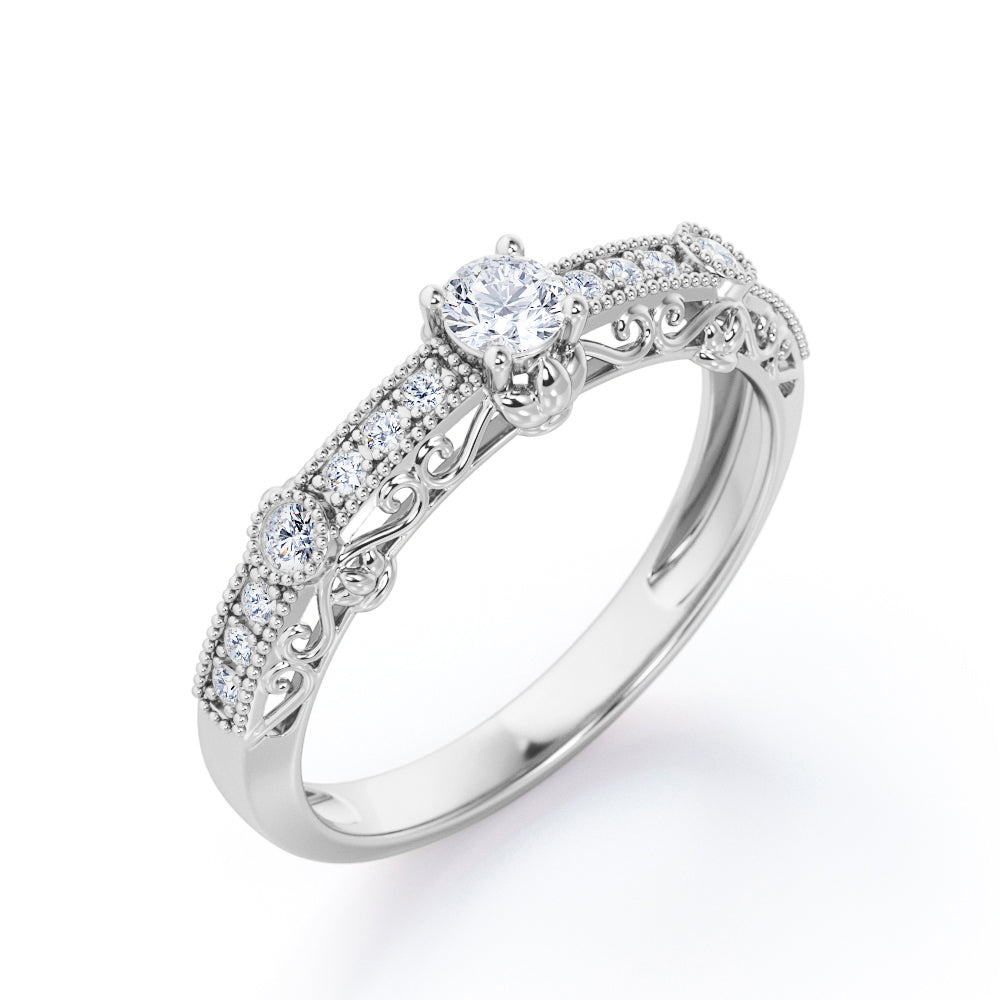 Victorian Design 0.35 TCW Round Brilliant Cut Diamond Milgrain Pave Bezel Engagement Ring in White Gold