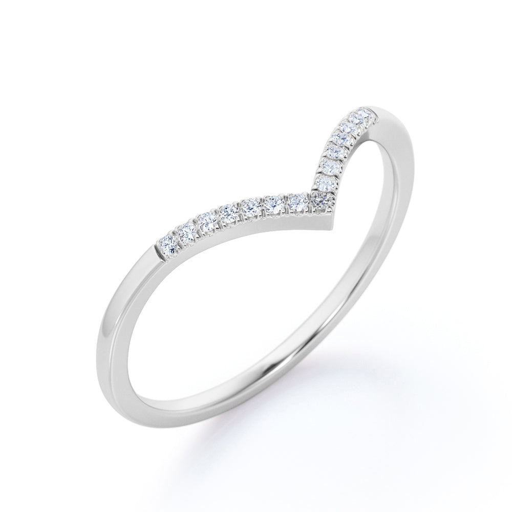 V-Curved Band - 0.15 TCW Round Shape Moissanite- Classic Pave Accented - White Gold