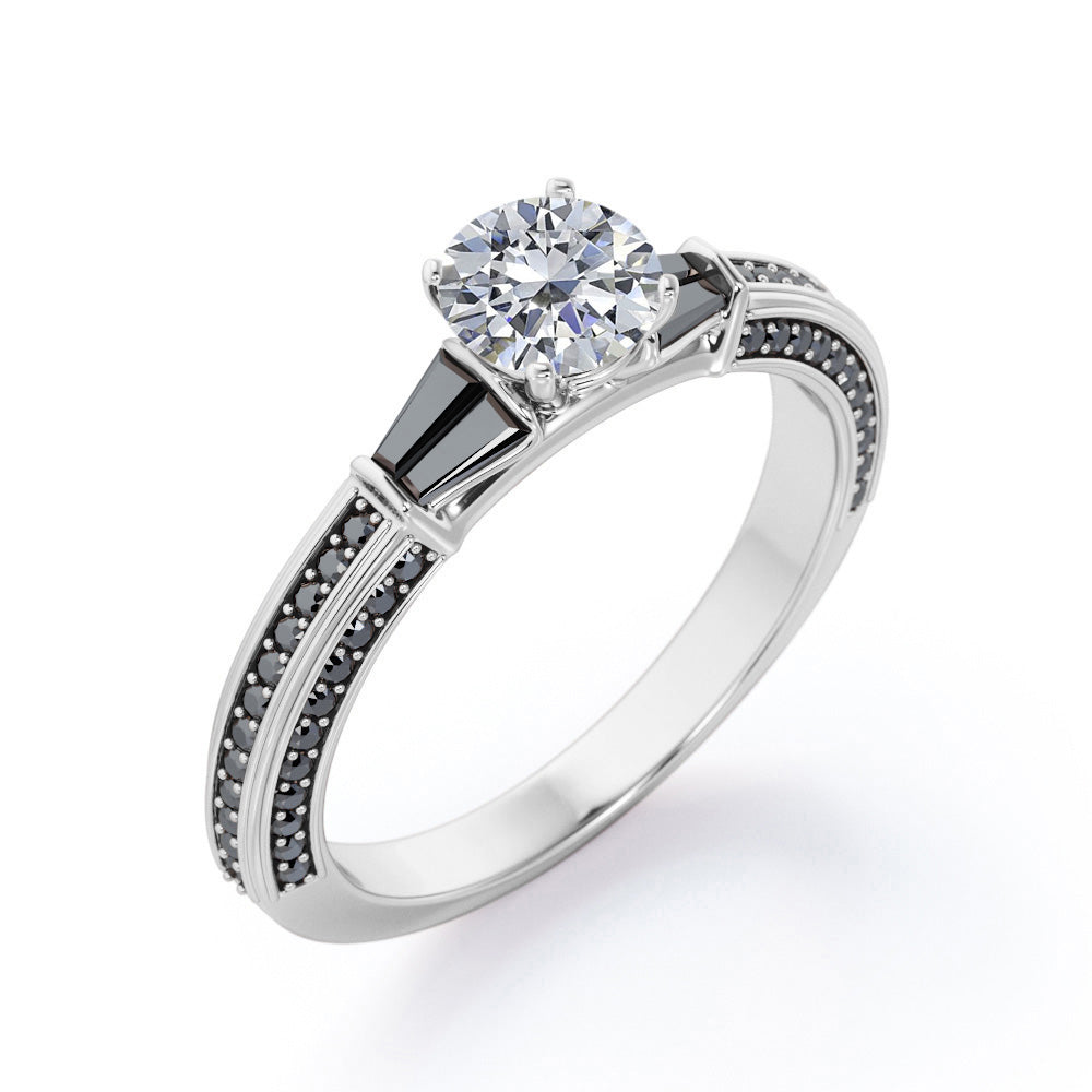 Triple Pave Channel - 0.6 TCW Round Shaped Diamond with Lab Created Black Diamond - 5 Stone Engagement Ring - 10K White Gold