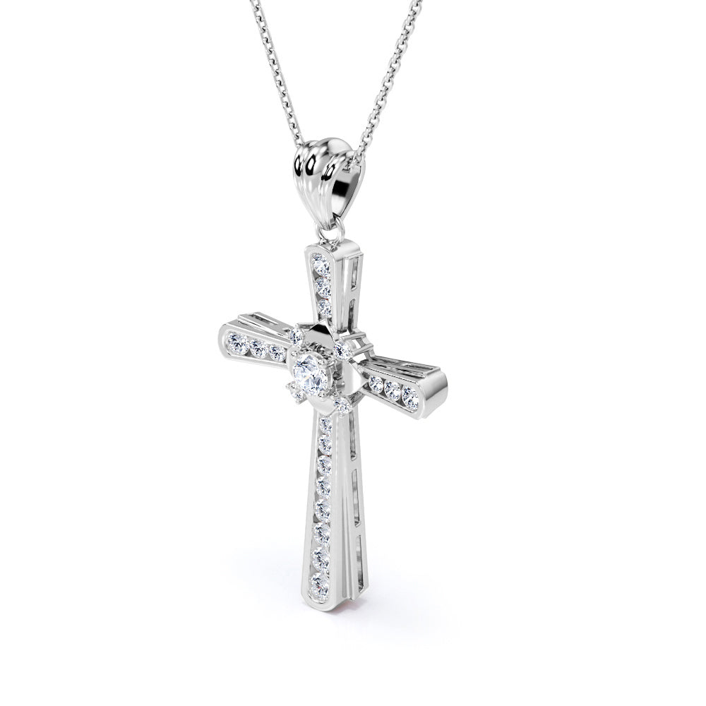 4-Heart 0.25 TCW Round Shape Moissanite Channel Cross Pendant Necklace in 18K White Gold Plating over Silver