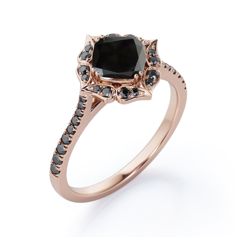 Vintage Filigree Cluster 1.5 TCW Cushion Cut Lab Created Black Diamond Engagement Ring with Pave Accents in White Gold