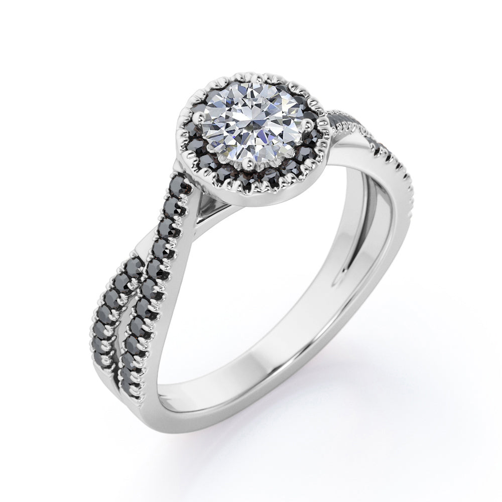 Milgrain Halo - 1.4 TCW Round Cut Moissanite with Lab Created Black Diamond - Infinity Double Strand Engagement Ring in White Gold