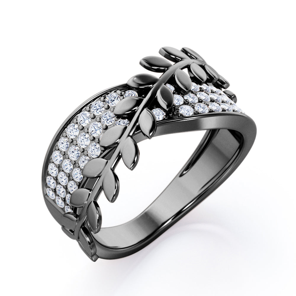 Triple-lined Bright Cut Pave - 0.30 TCW Round Brilliant Cut Diamond - Nature Inspired Stackable Ring - 10K White Gold