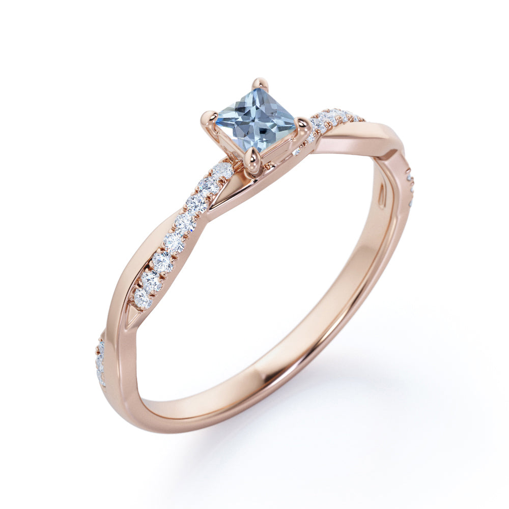 Twisted 1.10 Carat Princess Cut Aquamarine And Diamond Infinity Engagement Ring In White Gold